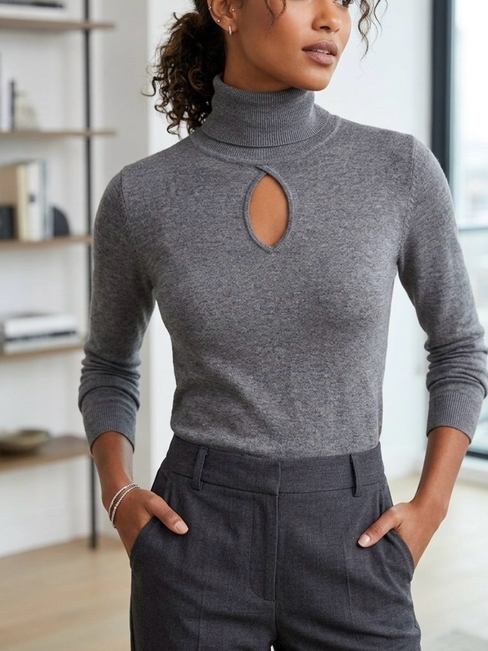 Joseph A Gray Keyhole Turtleneck  Sweater Cutout Knit Top Size S/M (Estimated)